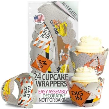 Imagem de Embalagens de cupcake – Construindo uma noiva de sonho, decorações de chá de bebê em construção, festa de aniversário bob, corte de fita de zona de trabalho, envoltórios reversíveis de sobremesa (24