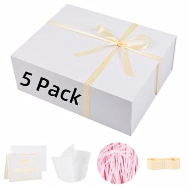 Imagem de UoeRing Pacote com 5 caixas de presente brancas extragrandes 50,8 x 40,6 x 17,8 cm, caixa de presente luxuosa para presentes com tampa de fecho magnético dobrável, contém cartão, fita, papel de seda