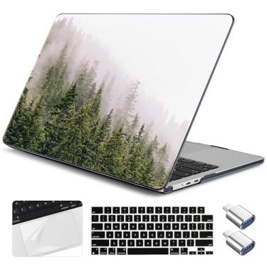 Imagem de Yebiseven Capa para MacBook Air 13,6 polegadas M4/M3/M2 2025 2024 2023 2022 lançado A3240/A3113/A2681, capa rígida para laptop com capa de teclado e protetor de trackpad e 2 adaptadores OTG, floresta