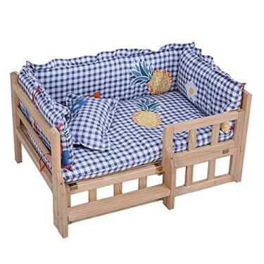 Imagem de Cama de madeira para cães, berço elevado para animais de estimação com cerca e escadas, cama para animais de estimação com tábua de madeira maciça e tapete macio lavável, canil para cães pequenos