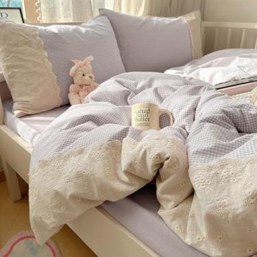 Imagem de LifeTB Capa de edredom King de microfibra lavada roxa xadrez roxa com 2 fronhas, capa de edredom de renda branca romântica, conjunto de cama com 3 peças