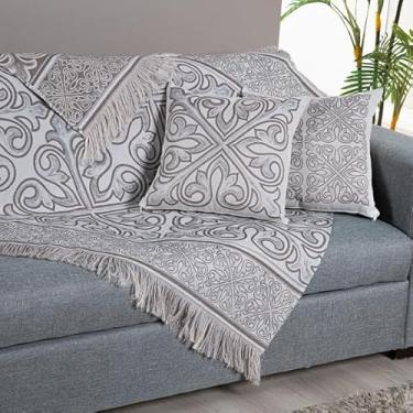 Imagem de Manta Xale Para Sofá com Almofadas Decorativas Cheias Jacquard com Franjas Dupla Face Decoração Sala Grécia (Caqui)