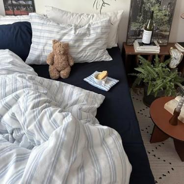 Imagem de mixinni Conjunto de edredom vintage azul claro e branco listrado tamanho casal - conjunto de cama de 3 peças de algodão lavado macio (1 edredom + 2 fronhas), padrão geométrico retrô, respirável e fofo