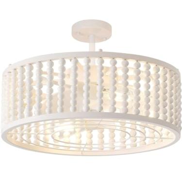 Imagem de Liokoc Ventiladores de teto com luzes e controle remoto, ventilador de teto com gaiola de perfil baixo com decoração artesanal com contas 6 velocidades, lâmpadas reversíveis de 48 cm incluídas para