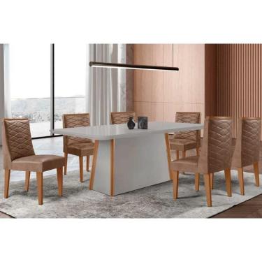 Imagem de Conjunto Sala de Jantar Tilia c/ Tampo Madeirado c/ Vidro Canto Curvo 180x90cm e 6 Cadeiras Dafne Madeira Maciça Naturale/Off White - Capuccino/Corano