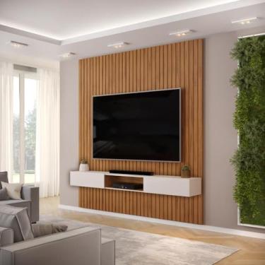 Imagem de Painel com Bancada para Tv até 75 Polegadas Ripado Dj Móveis Trento 250 Freijó Off White