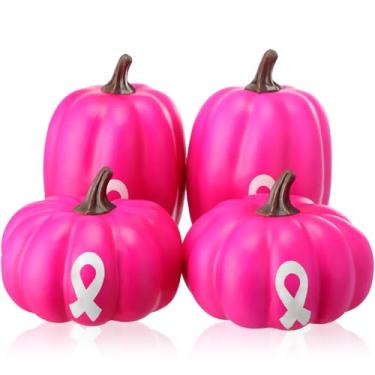 Imagem de Cinnvoice 4 peças de decorações de conscientização sobre o câncer de mama abóboras artificiais em massa rosa vermelha com fita rosa para mesa de centro de mesa de outono, decoração de festa de câncer
