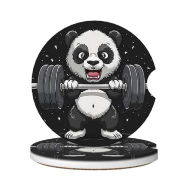 Imagem de Neukim Pacote com 2 porta-copos de carro de panda estrelado para levantamento de peso, porta-copos absorvente de cerâmica antiderrapante de 6 cm com base de cortiça e entalhe de dedo, acessórios de