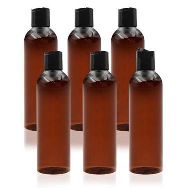 Imagem de ZLEVEAYN Pacote com 6 frascos de plástico âmbar de 227 g com tampas de disco preto recarregáveis recipientes de viagem vazios para xampu, condicionador, artigos de higiene pessoal, loções, óleos sem