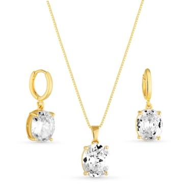 Imagem de Conjunto Colar e Brinco Ponto de Luz Oval Pedras de Zircônias Semi Joias Banhado Ouro 18k