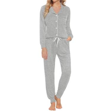Imagem de Conjunto de pijamas feminino SWOMOG, manga comprida, com botões, cinza