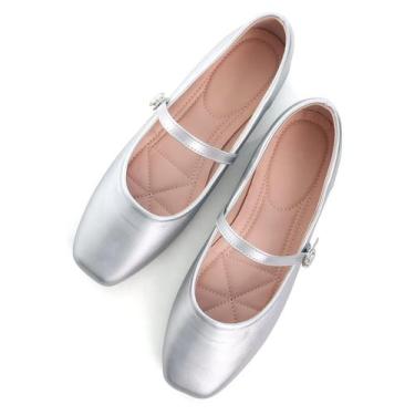 Imagem de Sapatos TN TANGNEST Mary Jane Ballet Flats de couro prateado para mulh