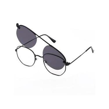 Imagem de Armação de Óculos Hexagonal Para Grau Clip On 2 em 1 Polarizado Modelo Ângulus Fixação Magnética Imã S8009 Unissex (Preto)