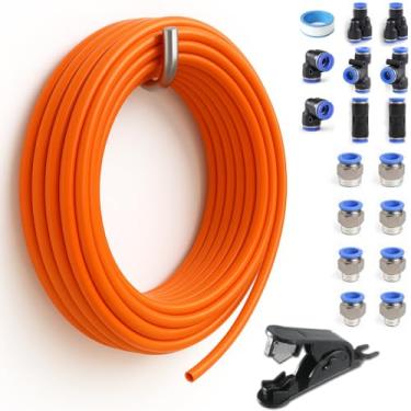Imagem de Sctihwelire Kit de tubulação de ar PU 8 mm ou 5/40.6 cm OD x 5 mm ID - Mangueira flexível vermelha de 10 m com encaixes de pressão para conectar, cortador de tubo - Kit de linha de ar pneumático para