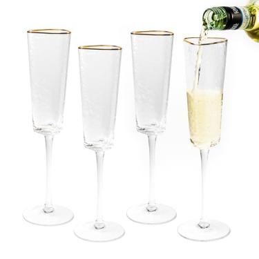 Imagem de Bec's Designs Taças de champanhe taças de champanhe conjunto de 4 taças de champanhe - forma triangular com borda dourada, taças de champanhe de vidro, taças de champanhe para mimosas taças de