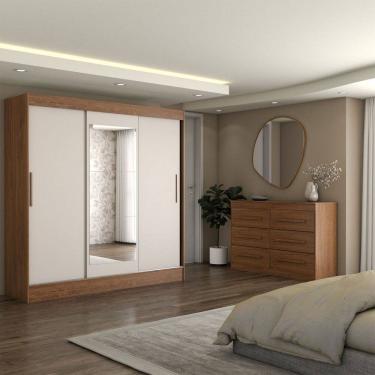 Imagem de Guarda-Roupa Solteiro Europa 3 Portas 2 Gavetas e Cômoda 6 Gavetas Espelhado Cinamomo/Off White - Panorama Móveis