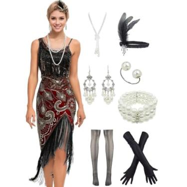 Imagem de Vestido feminino estilo melindrosa, estilo anos 20, Gatsby, com franjas, vestido de coquetel para dança e dança com conjunto de acessórios anos 20, Style B Black Red, Medium