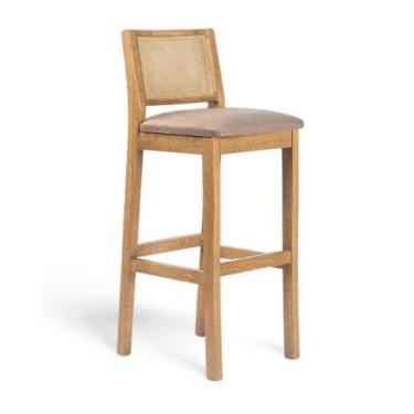 Imagem de Banqueta Alta de Madeira Estofada com Trama Natural Silvia cor Amêndoa