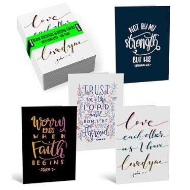 Imagem de Cartões inspiradores religiosos da Bíblia verso, pacote com 100, 10,16 x 15,24 cm, 4 designs de capa com citações bíblicas, em branco, da Better Office Products, Cartas de incentivo, com envelopes, pacote com 100