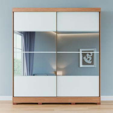 Imagem de Guarda Roupa Casal com Espelhos 2 Portas de Correr com Pés em MDF Pontal Móveis Castro - Cedro/Branco Line
