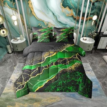 Imagem de Erosebridal Conjunto de edredom marmorizado, cama fluida em uma bolsa, tamanho Queen, 7 peças, arte estética, galáxia, abstrata, dourado, preto, verde escuro
