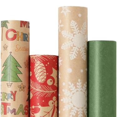 Imagem de YANGTE Rolos de papel de embrulho de Natal vintage, rolos de papel de embrulho marrom Kraft com padrão vermelho, verde e branco, 4 rolos de papel de embrulho de presente de férias, 43 x 304 cm por
