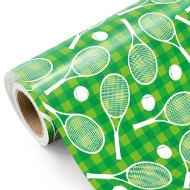Imagem de WRAPAHOLIC Rolo de papel de embrulho de tênis – Mini rolo – 43 cm x 40 cm – Raquete de tênis e bola em papel de embrulho xadrez verde para aniversário, festa esportiva, presente de treinador
