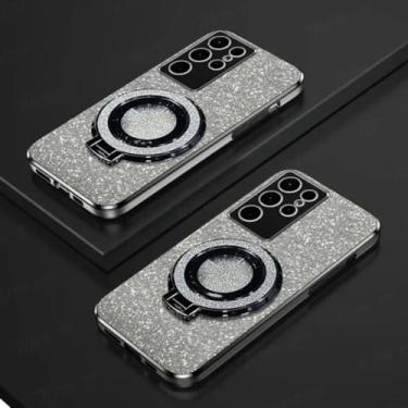 Imagem de Capa de celular com suporte magnético e anel de glitter TPU para Samsung Galaxy S25 Ultra S24 S23 FE S22 S21 S20 S10 Plus Note 20 Ultra Pro (para Samsung S24 Plus/prata com suporte)