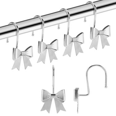Imagem de YanKiTour Ganchos de cortina de chuveiro, pacote com 12 anéis decorativos de metal, design de nó de laço à prova de ferrugem para banheiro, quarto, sala de estar, quarto de bebê, berçário, decoração