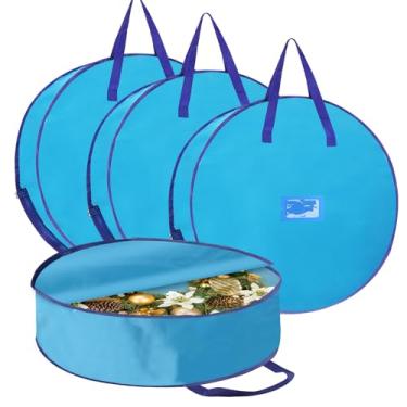 Imagem de YAYODS Pacote com 4 recipientes de armazenamento de guirlandas de Natal de 61 cm, suporte de guirlanda Oxford 420D com zíper e alças para Natal, decorações (azul)