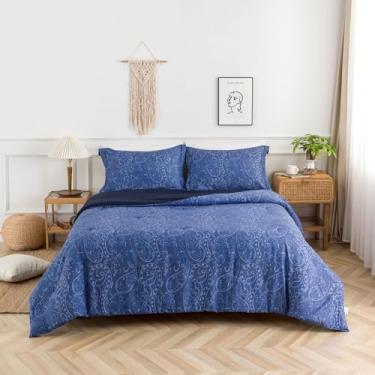 Imagem de HENGWEITEXT Conjunto de edredom King com 3 peças, alternativo para todas as estações, tamanho king size, com lençóis, bolso profundo, ultramacio e fofo, azul marinho