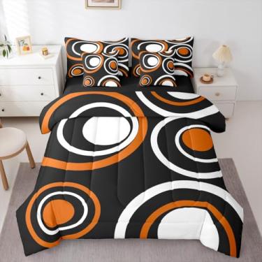 Imagem de Erosebridal Conjunto de cama com 7 peças, laranja, preto, abstrato, listrado, círculos, para adultos, mulheres, homens, boêmio, arte geométrica, estética, preto e branco