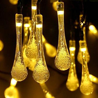 Imagem de Luzes solares, gota de água DINOWIN luzes de fadas 6 metros 30 LEDs gota de água solar à prova d'água para ambientes externos, jardim, decorações de Natal (branco quente)