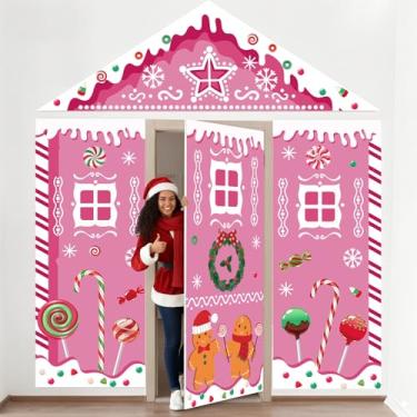 Imagem de Inisajace Decorações de porta de Natal de pão de gengibre – 4 peças de capa de porta de Natal rosa de pão de gengibre, pano de fundo grande para portas da frente, decoração de natal para escritório em