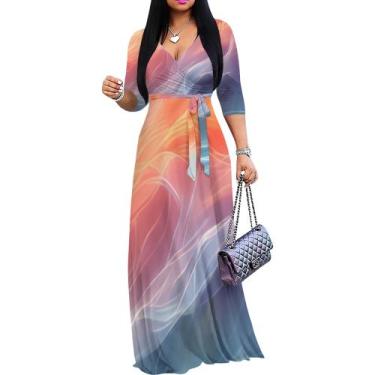 Imagem de Vestido maxi PinkPatty Floral com mangas 3/4 e decote em V para mulher