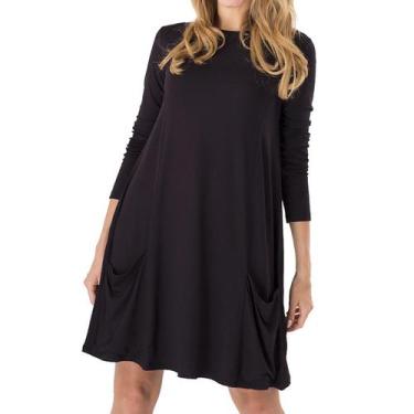 Imagem de Vestido feminino casual de gola redonda manga comprida bolso cor sólid