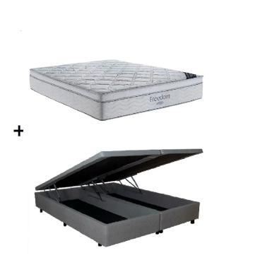 Imagem de Cama Box Baú Queen Bipartido Cinza Colchão Freedom Molas Ensacadas 158x198 - Ortobom