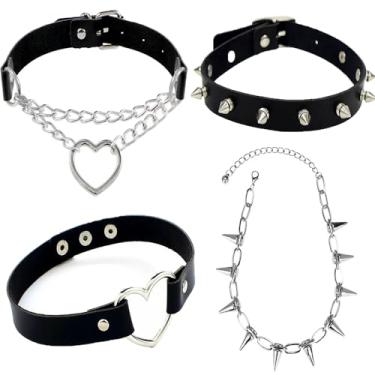 Imagem de Conjunto de colar gargantilha de couro punk gótico, couro sintético preto com corrente de liga de prata, coleção de 4 peças com pontas e pingente de coração