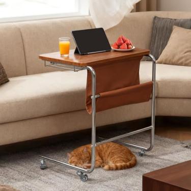 Imagem de Mesa de Centro Retro, Mesa de Centro Escritorio Portatil com Gaveta e Rodas Travas,Mesa de Apoio para Quarto (Castanha)
