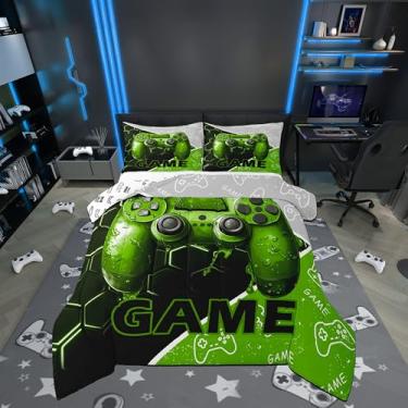 Imagem de Conjunto de edredom infantil, tamanho Queen, gamepad 3D, jogos, esportes, gamer, reversível, para decoração de quarto de meninas, verde neon, hexágono, geométrico, edredom acolchoado, 2 fronhas