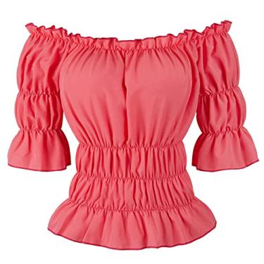 Imagem de Parlsdy Blusas femininas com saia de pirata vitoriana, fantasia steampunk plus size, camisa renascentista, rosa, X-Small