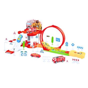 Imagem de Pista de Corrida Infantil com Estacionamento Loop 360° Carros e Caminhão de Bombeiros Sinais de Trânsito Carrinhos