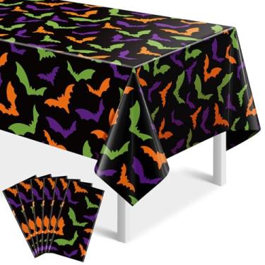 Imagem de 6 peças de toalhas de mesa de morcego para decoração de Halloween, toalha de mesa colorida descartável para mesa retangular, capa de mesa de plástico assustadora para artigos de festa de aniversário