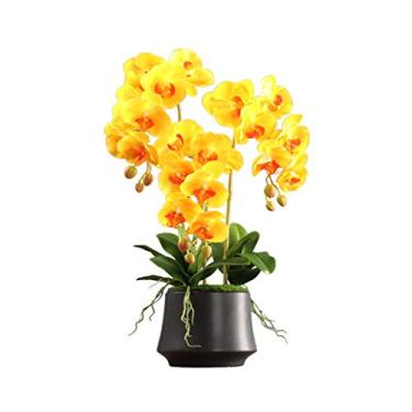 Imagem de Flor artificial em vaso orquídeas artificiais com vaso PU orquídea bonsai arranjos de flores artificiais para decorações de escritório em casa, arranjo de flores artificiais amarelas (cor: amarelo)
