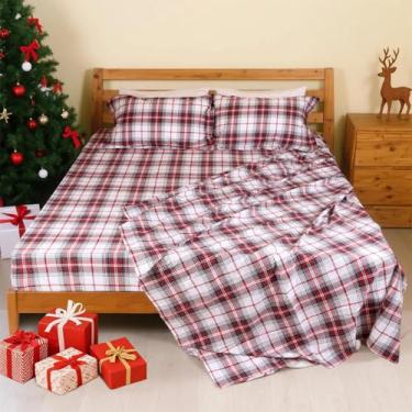 Imagem de Kingrest Jogo de cama solteiro 100% algodão - 4 peças de lençóis leves e refrescantes, bolso profundo de 40,6 cm, roupa de cama percal respirável, lençóis de luxo macios e duráveis (xadrez natalino)