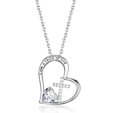 Imagem de BAOWING Colar "I Am a Child of God" com cruz de coração para meninas, presentes de batismo, presentes de primeira comunhão, presentes de Páscoa, aniversário, Natal, joias para afilhada, adolescentes