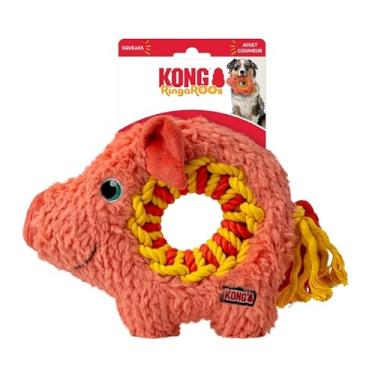 Imagem de KONG Ringaroos - Anel de corda interativo para cães com Squeaker de pelúcia - para buscar, puxar e abraçar - para cães de tamanho médio (porco laranja)