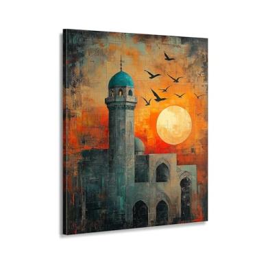 Imagem de CANLUNTE Impressão em tela de arte de parede de mesquita abstrata - Silhueta do pôr do sol e lua crescente, decoração islâmica moderna, arte espiritual para sala de estar, presente do Ramadã (arte 3