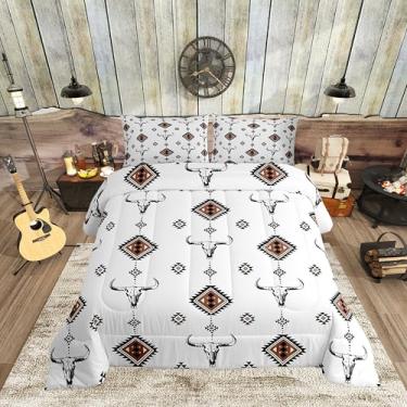 Imagem de Jogo de cama casal ocidental para crianças, edredom de caveira de touro, decoração de quarto de meninos e homens, conjunto de colcha para quarto de criança, 3 peças, enchimento de edredom tribal