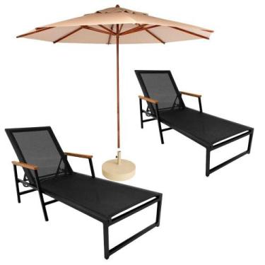 Imagem de Kit 2 Espreguiçadeiras Confortável Reclinável Piscina Jardim + Ombrelo